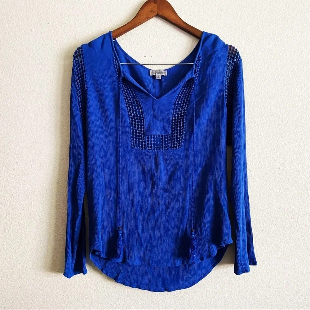 Joseph A Boho Peasant Blouse Tassel Open Knit Sapphire XL Chic Bohemian Folk - Picture 2 of 13